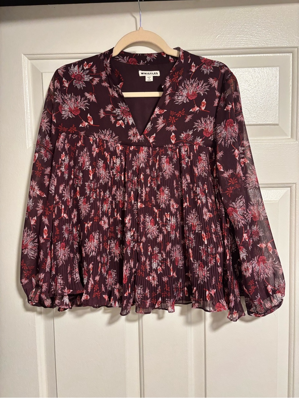 Whistles Burgundy Floral Pleated V-Neck Blouse US 8